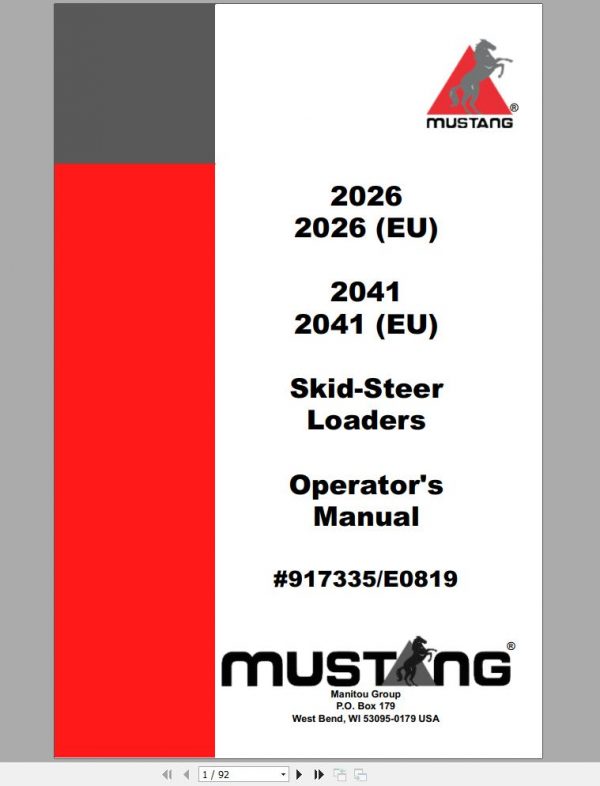Mustang Skid Steer Loader 2026 2026EU 2041 2041EU Operators Manual 917335E 1
