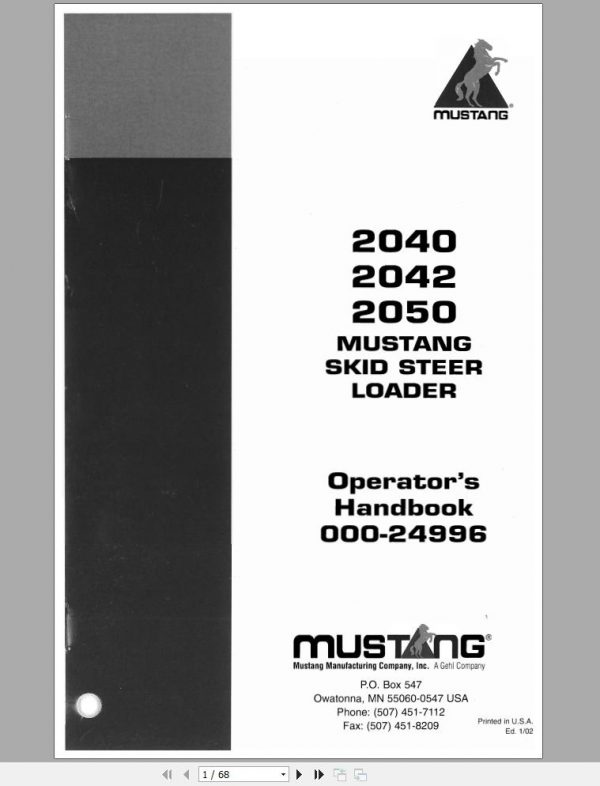 Mustang Skid Steer Loader 2040 2042 2050 Operators Manual 000 24996A 1