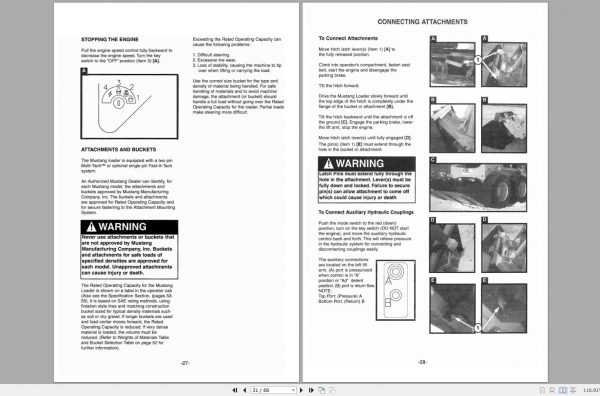 Mustang Skid Steer Loader 2040 2042 2050 Operators Manual 000 24996A 2