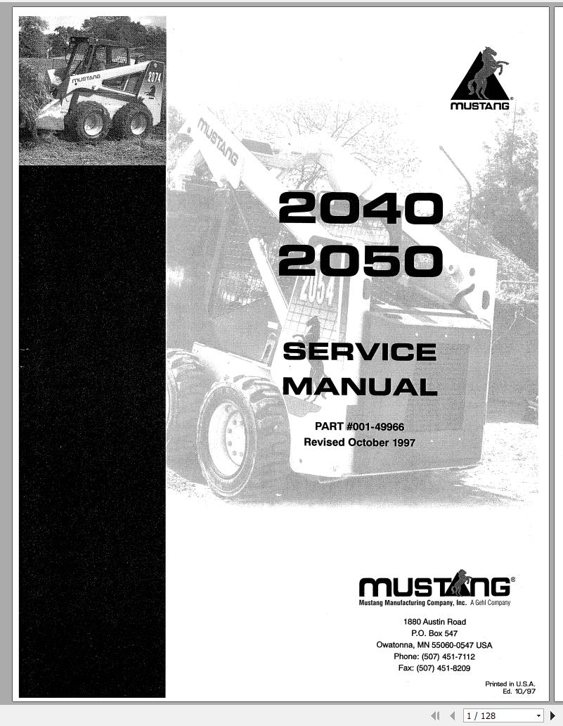Mustang Skid Steer Loader 2040 2050 Service Manual 001 49966 1