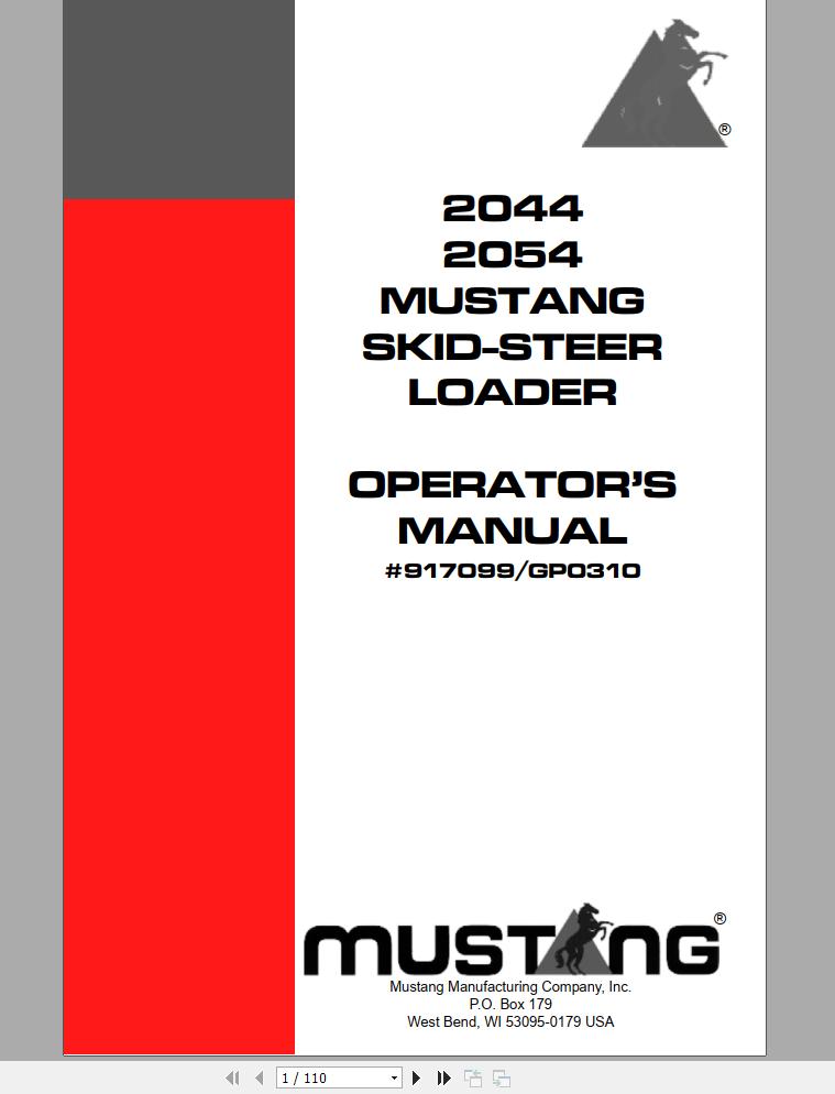 Mustang Skid Steer Loader 2044 2054 Operators Manual 917099G 1