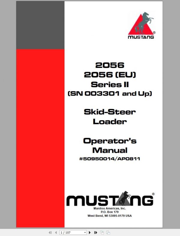 Mustang Skid Steer Loader 2056 Series II SN 003301 and Up Operators Manual 50950014A 1