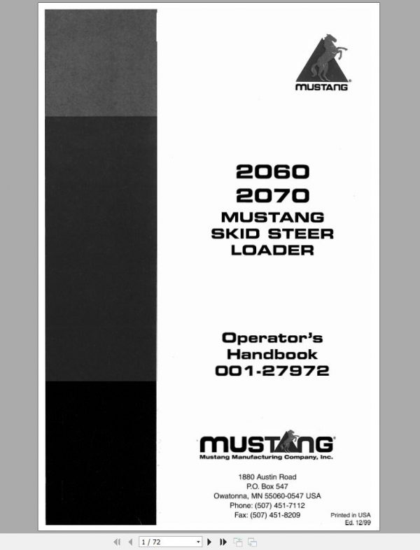 Mustang Skid Steer Loader 2060 2070 Operators Manual 001 27972A 1