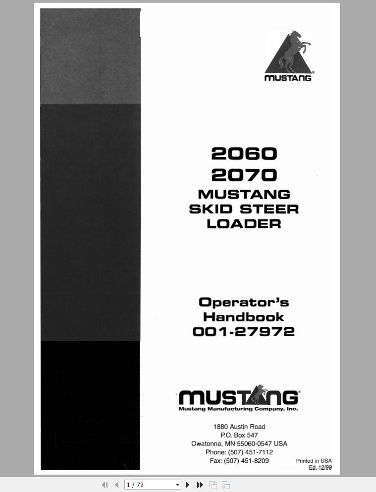 Mustang Skid Steer Loader 2060 2070 Operators Manual 001 27972A 1
