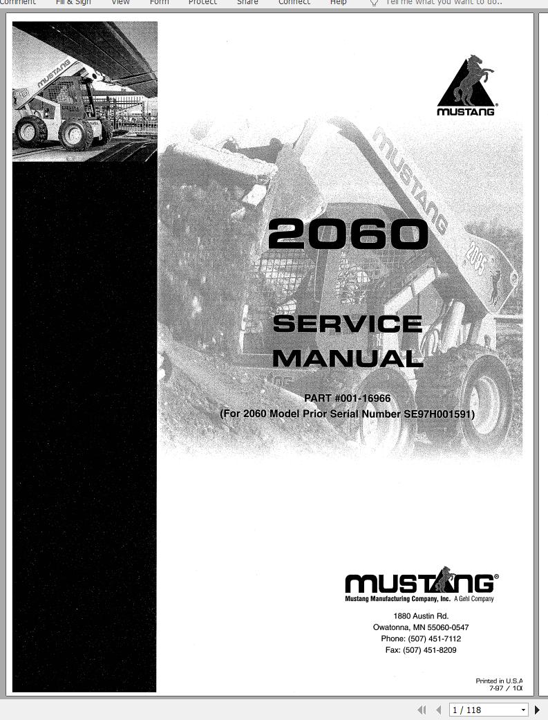 Mustang Skid Steer Loader 2060 SN 001590 Before Service Manual 001 16966A 1