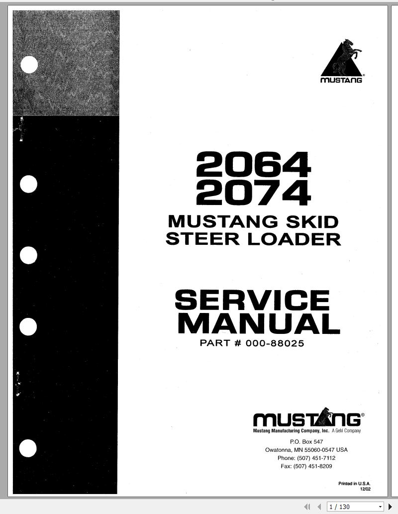 Mustang Skid Steer Loader 2064 2074 Service Manual 000 88025 1
