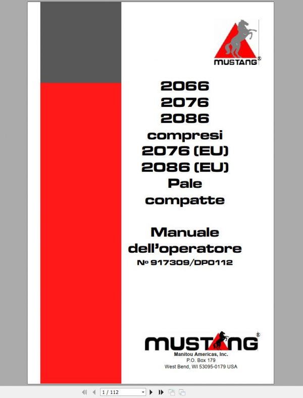 Mustang Skid Steer Loader 2066 2076 2086 Operators Manual 907309D IT 1