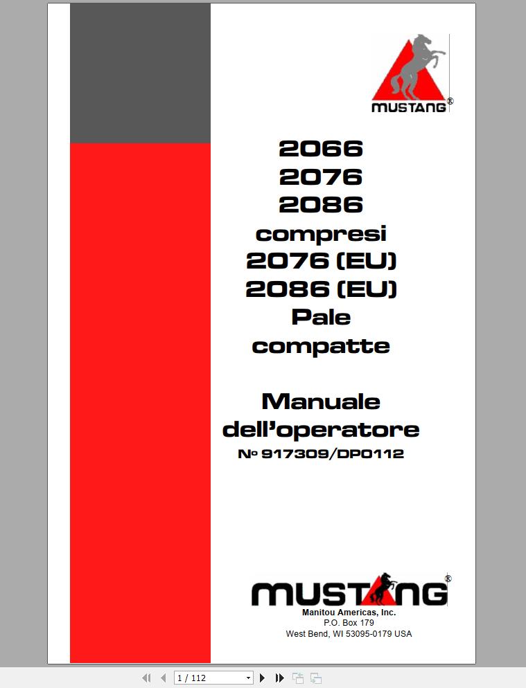 Mustang Skid Steer Loader 2066 2076 2086 Operators Manual 907309D IT 1