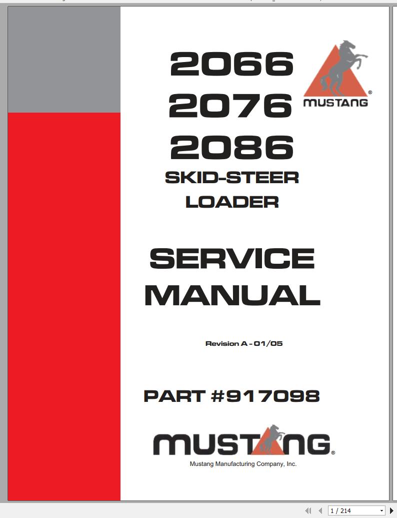 Mustang Skid Steer Loader 2066 2076 2086 Service Manual 917098 01 1