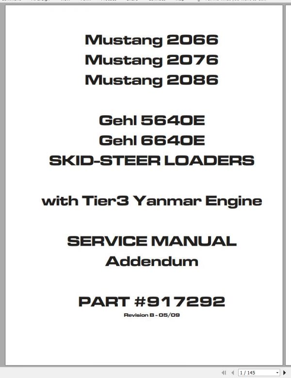 Mustang Skid Steer Loader 2066 2076 2086 with Tier 3 Yanmar Engine Service Manual 917292B 1