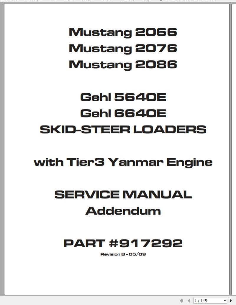 Mustang Skid Steer Loader 2066 2076 2086 with Tier 3 Yanmar Engine Service Manual 917292B 1