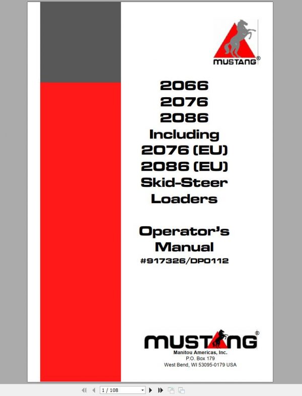 Mustang Skid Steer Loader 2066 2076EU 2076 2086EU 2086 Operators Manual 917326D 1