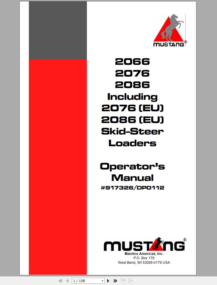 Mustang Skid Steer Loader 2066 2076EU 2076 2086EU 2086 Operators Manual 917326D 1
