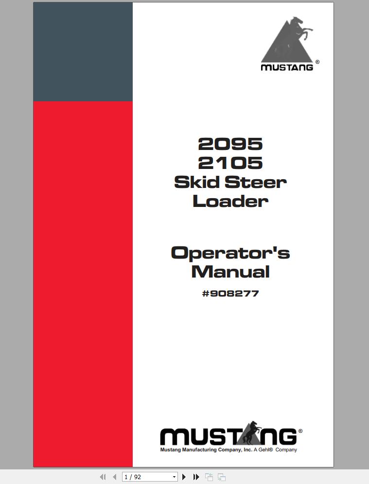 Mustang Skid Steer Loader 2095 2105 Operators Manual 908277B 1