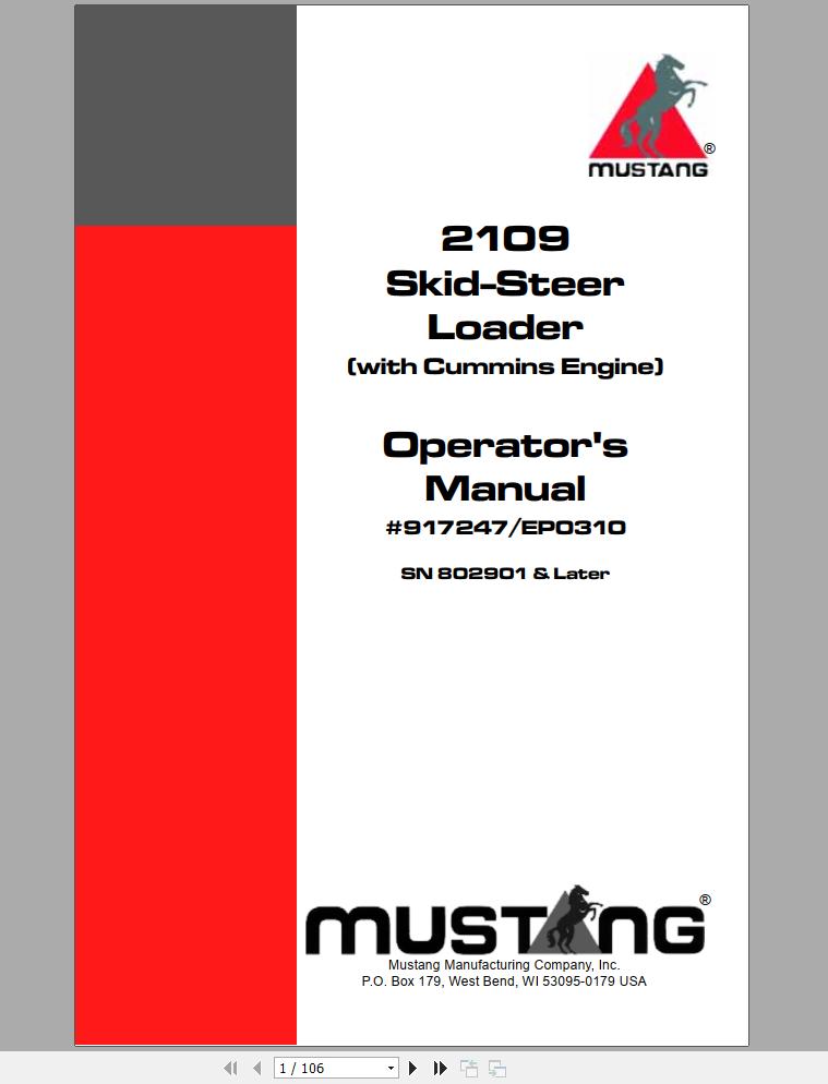 Mustang Skid Steer Loader 2109 SN 802901 and Up Operators Manual 917247E 1