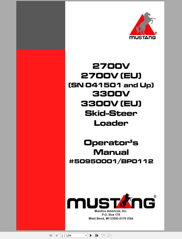 Mustang Skid Steer Loader 2700V 2700V EU 3300V 3300V EU Operators Manual 50950001B 1