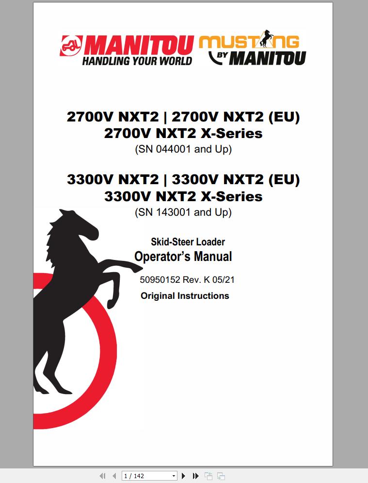 Mustang Skid Steer Loader 2700V NXT2 3300V NXT2 EU Series Operators Manual 50950152K 05 1