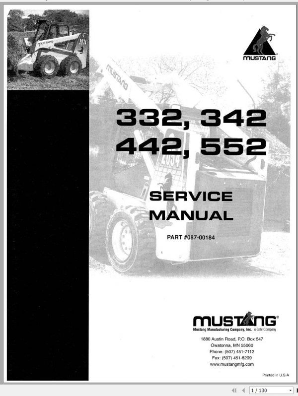 Mustang Skid Steer Loader 332 342 442 552 Service Manual 087 00184 1