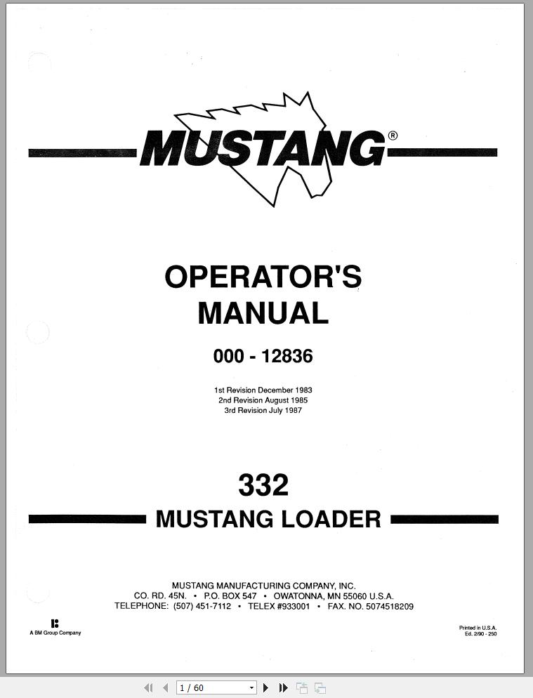 Mustang Skid Steer Loader 332 Operators Manual 000 12836C 1