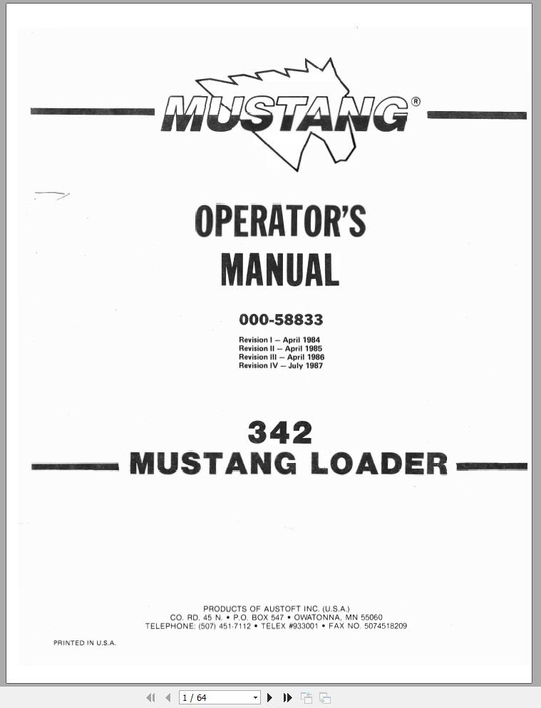 Mustang Skid Steer Loader 342 Operators Manual 000 58833 1