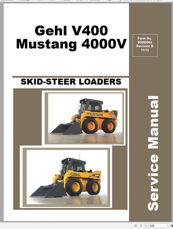 Mustang Skid Steer Loader 4000V V400 Service Manual 50950064B 11 1