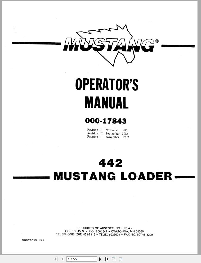 Mustang Skid Steer Loader 442 Operators Manual 000 117843C 1