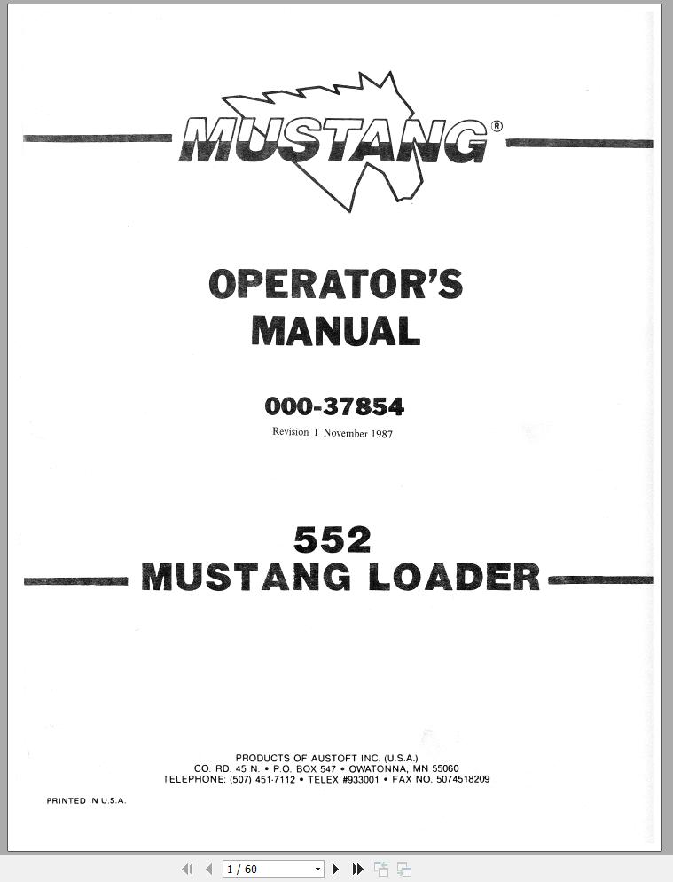 Mustang Skid Steer Loader 552 Operators Manual 000 37854A 1