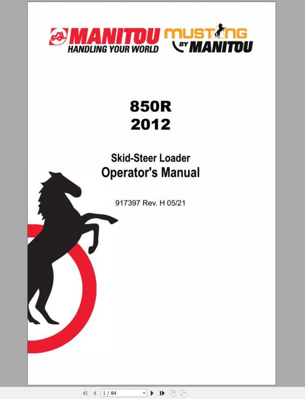 Mustang Skid Steer Loader 850R 2012 Operators Manual 917397H 1