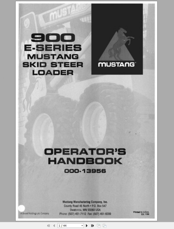 Mustang Skid Steer Loader 900 Series 920E Operators Manual 000 13956A 1