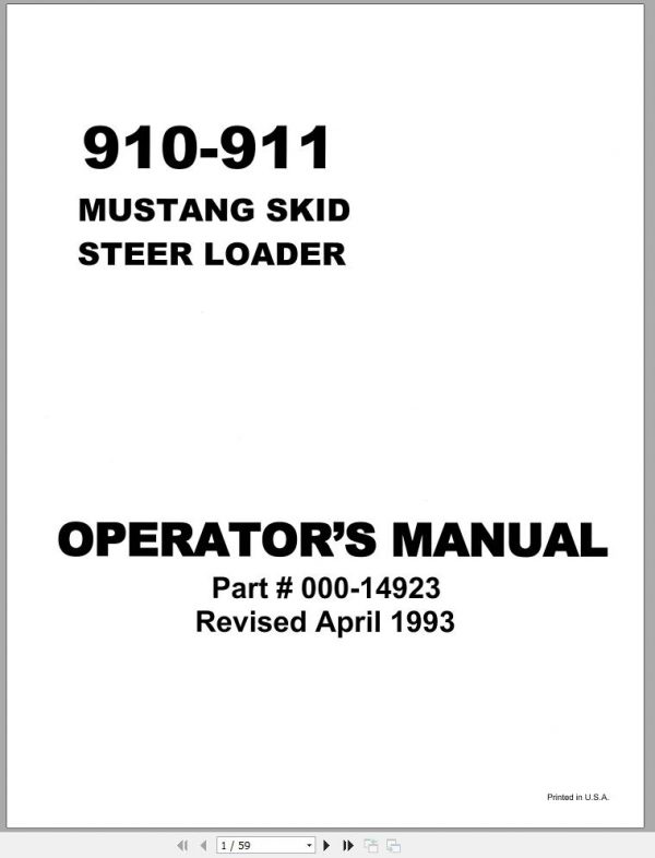 Mustang Skid Steer Loader 910 911 Operators Manual 000 14923B 1