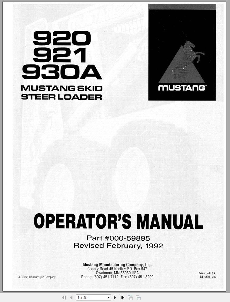Mustang Skid Steer Loader 920 921 930A Operators Manual 000 59895A 1