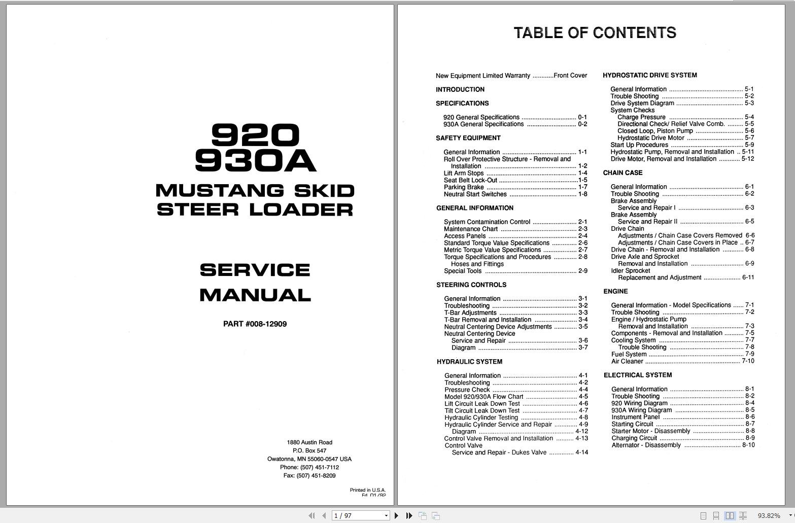 Mustang Skid Steer Loader 920 930A Service Manual 008 12909A 1