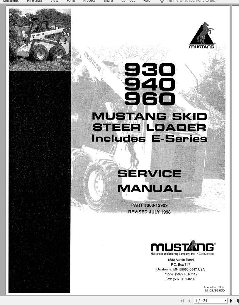 Mustang Skid Steer Loader 930AE 940E 960 Service Manual 000 12909 1