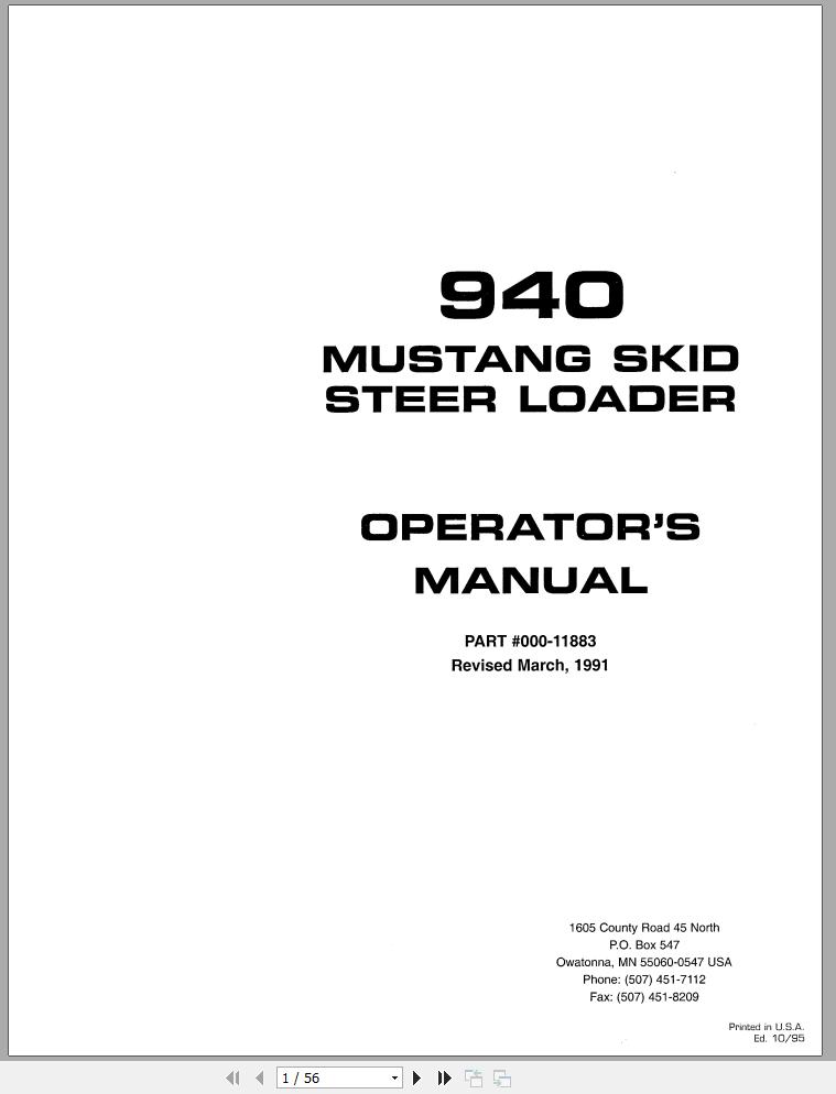 Mustang Skid Steer Loader 940 Operators Manual 000 11883A 1