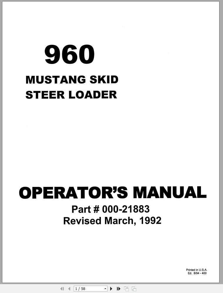 Mustang Skid Steer Loader 960 Operators Manual 000 21883A 1