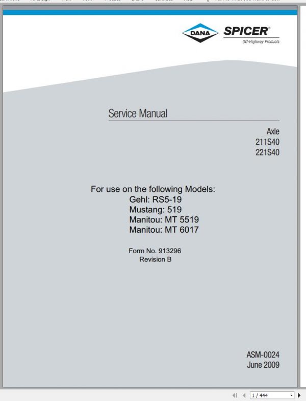 Mustang Telehandler 519 Dana 211S40 221S40 Axle Service Manual 913296B 1