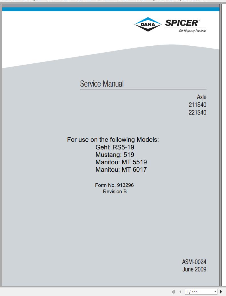 Mustang Telehandler 519 Dana 211S40 221S40 Axle Service Manual 913296B 1