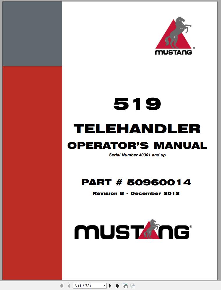 Mustang Telehandler 519 SN 40301 and Up Operators Manual 50960014B 12 1