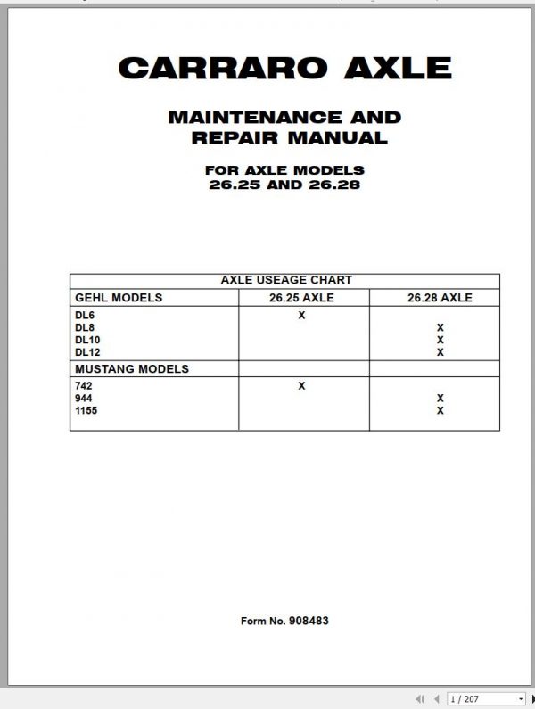 Mustang Telehandler 742 944 1155 Carraro 26.25 26.28 Axle Maintenance Repair Manual 908483 1