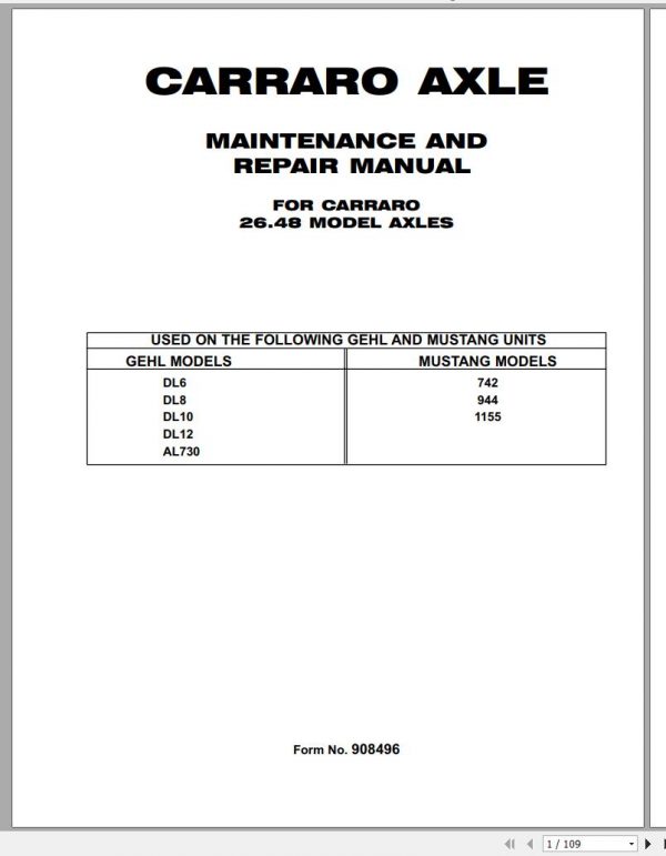 Mustang Telehandler 742 944 1155 Carraro 26.48 Axle Maintenance Repair Manual 908496 1
