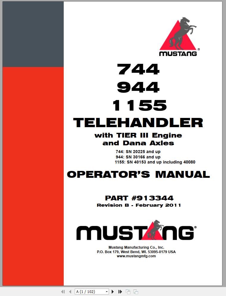 Mustang Telehandler 744 944 1155 Tier III Engine Dana Axles Operators Manual 913344B 02 1