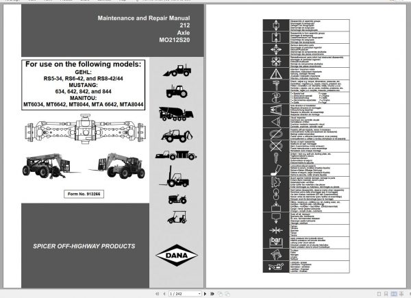 Mustang Telehandler MT6034 MT6642 MT8044 MTA6642 MTA8044 Dana 212 Axle Service Manual 913266 1