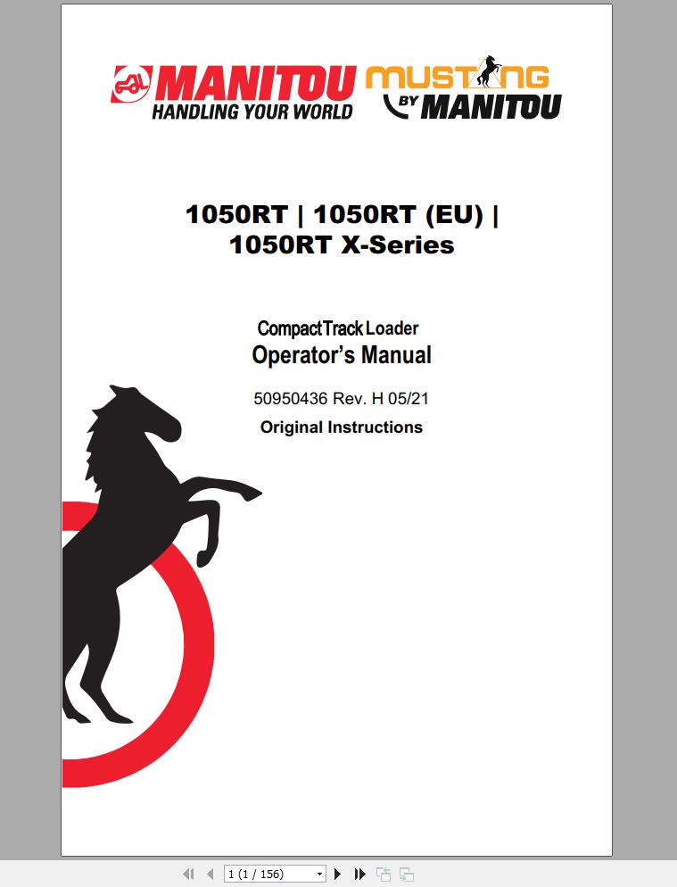 Mustang Track Loader 1050RT 1050RT EU 1050RT X Series Operators Manual 50950436H 05 1