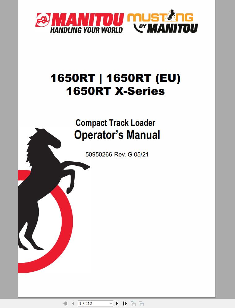Mustang Track Loader 1650RT 1650RT EU 1650RT X Series Operators Manual 50950266G 05 1