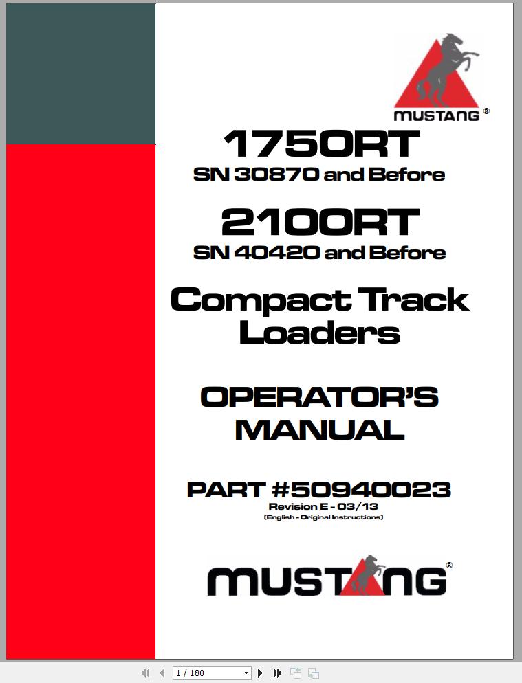 Mustang Track Loader 1750RT 2100RT Operators Manual 50940023E 03 1