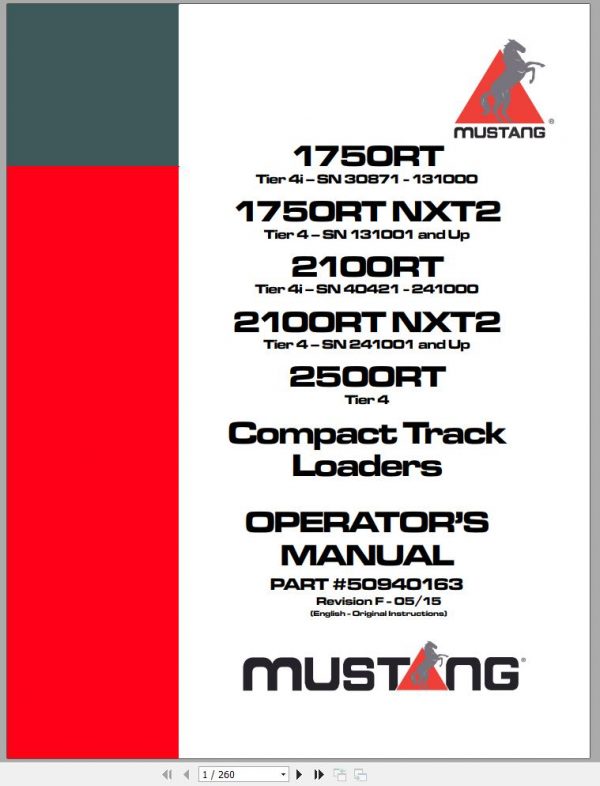 Mustang Track Loader 1750RT1750RT NXT22100RT2100RT NXT22500RT Operators Manual 50940163F 05 1 1