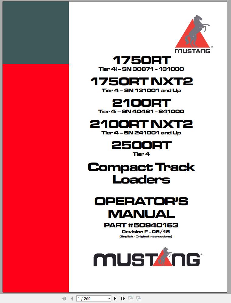 Mustang Track Loader 1750RT1750RT NXT22100RT2100RT NXT22500RT Operators Manual 50940163F 05 1 1