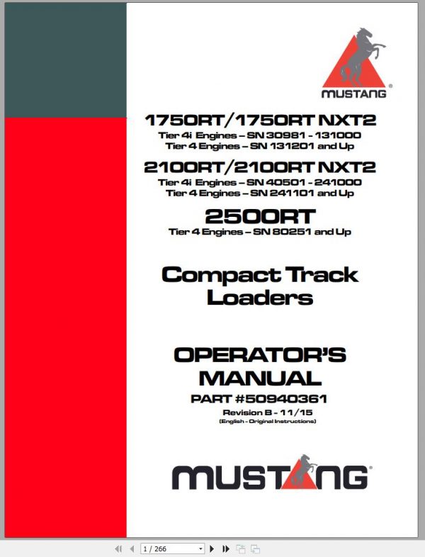 Mustang Track Loader 1750RT1750RT NXT22100RT2100RT NXT22500RT Operators Manual 50940361B 11 1