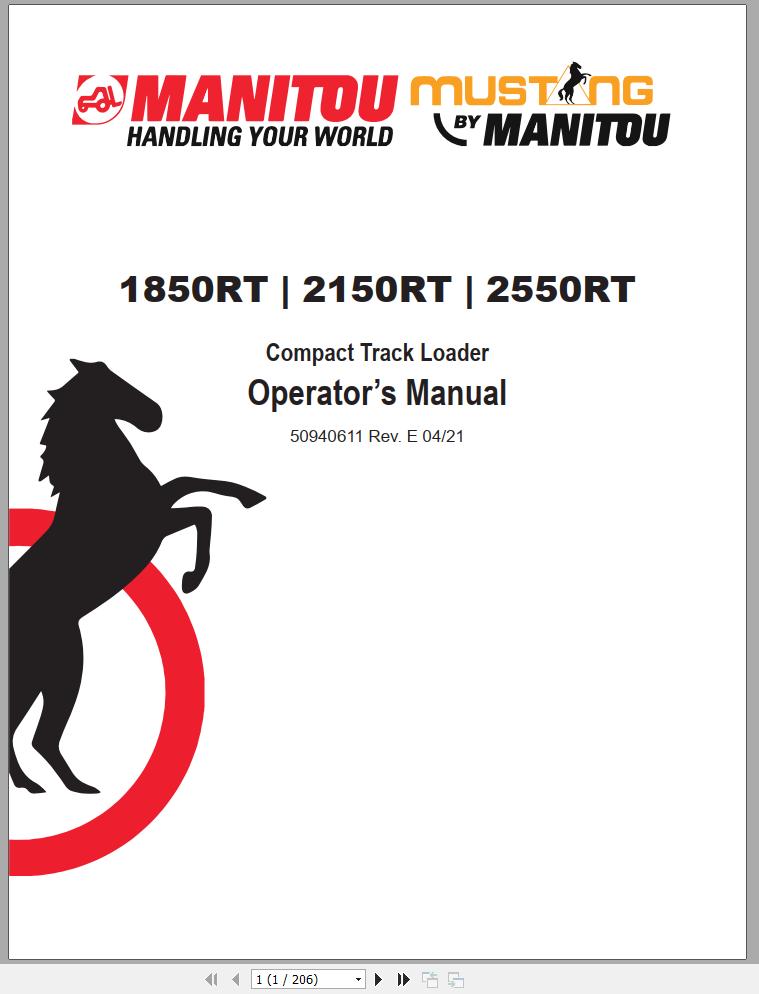 Mustang Track Loader 1850RT 2150RT 2550RT Operators Manual 50940611D 04 1