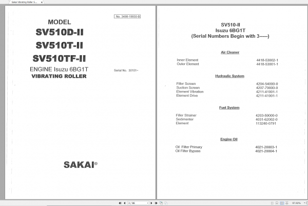 Sakai Vibrating Roller SV510D II SV510T II SV510TF II 30101 Spare Parts Catalog EN 1